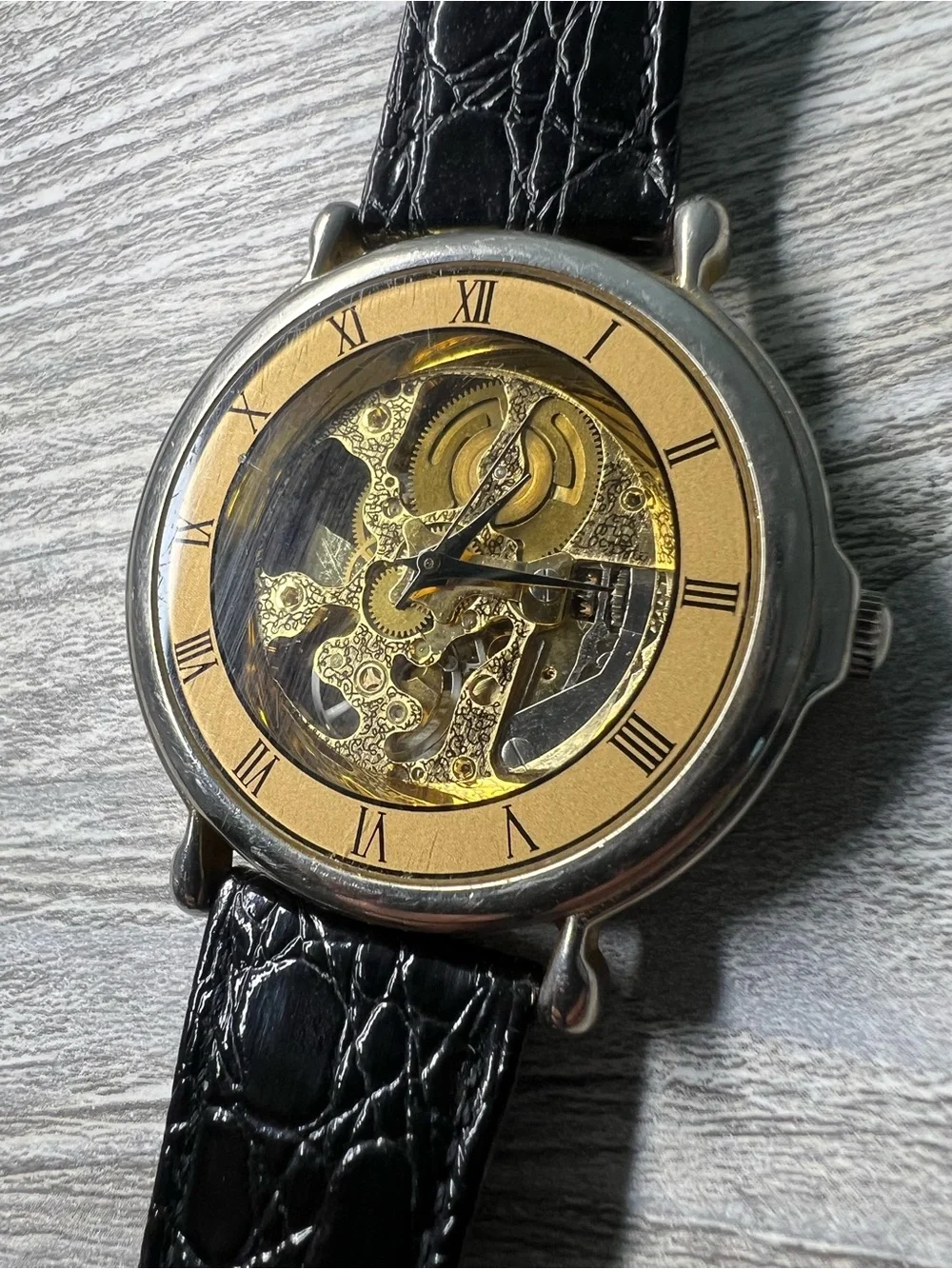 Gold Skeleton Dial Men's Mechanical Watch with Black Leather Strap